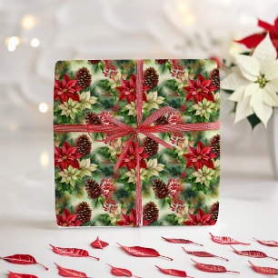 Poinsettias Pine And Pinecones Christmas Holiday Wrapping Paper