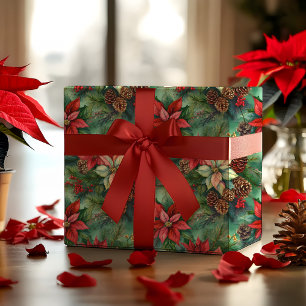 Poinsettias Pine And Pinecones Christmas Holiday Wrapping Paper
