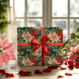 Poinsettias Pine And Pinecones Christmas Holiday Wrapping Paper