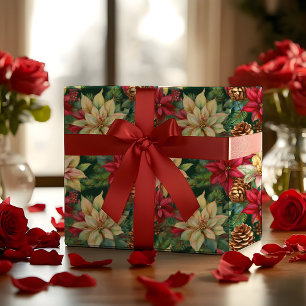 Poinsettias Pine And Pinecones Christmas Holiday Wrapping Paper