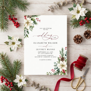 Poinsettias Pinecones Botanical Christmas Wedding Invitation