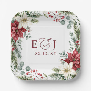 Poinsettias Pinecones Botanical Christmas Wedding Paper Plate