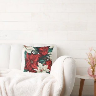 Poinsettias, red and white, cushion