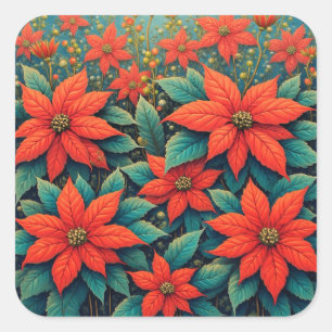 Poinsettias, Red Christmas Flowers, Square Sticker