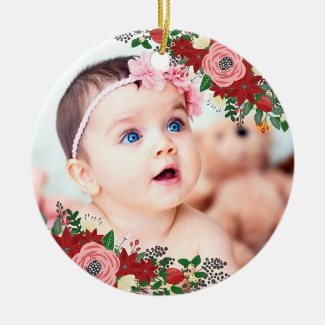 Poinsettias & Roses | Baby's First Christmas Ceramic Tree Decoration (Front)