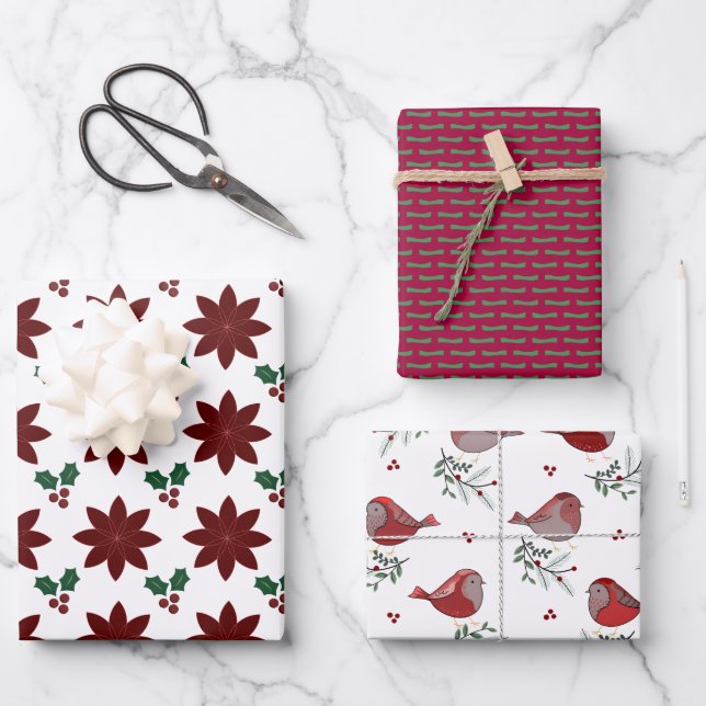 Poinsettias, Stipples, Birdies -  Wrapping Paper Sheet (Front)