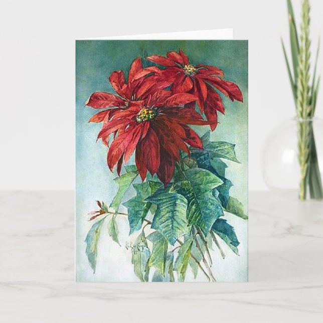 Poinsettias Watercolor Fine Art Greeting Card (Front)