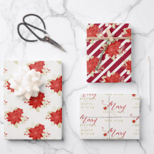 Poinsettias Whimsical Merry Christmas Wrapping Paper Sheet