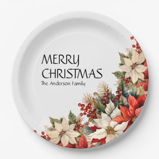 Poinsettias white  paper plate (Front)