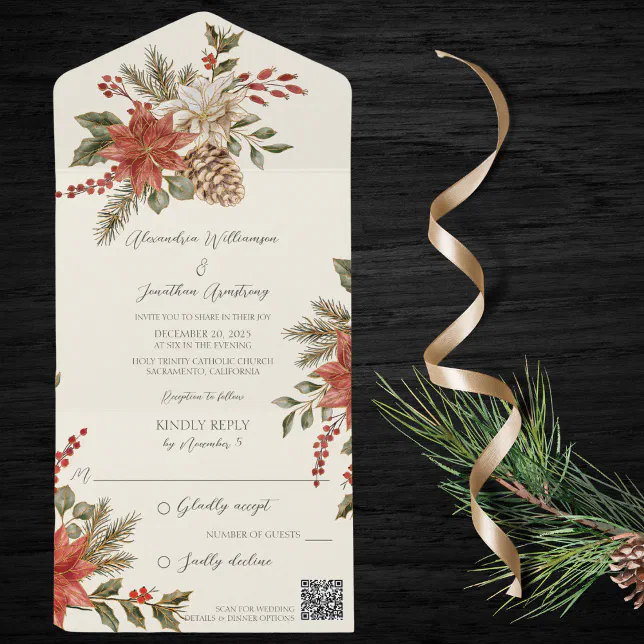 Poinsettias with Holly and Pine on Ivory QR Code All In One Invitation ...