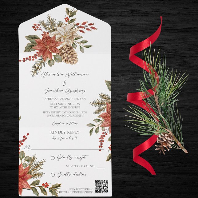 Poinsettias with Holly and Pine on White QR Code  All In One Invitation (Creator Uploaded)