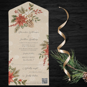Poinsettias with Holly on Snowy Beige QR Code  All In One Invitation
