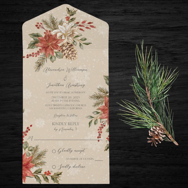 Poinsettias with Holly & Pine on Snowy Beige All In One Invitation (Also available with QR code. )