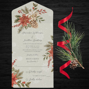Poinsettias with Holly & Pine on Snowy Sage Green All In One Invitation