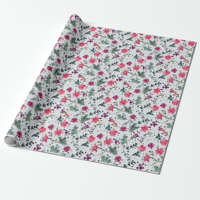 Poinsettias Wrapping Paper  - White Background (Unrolled)