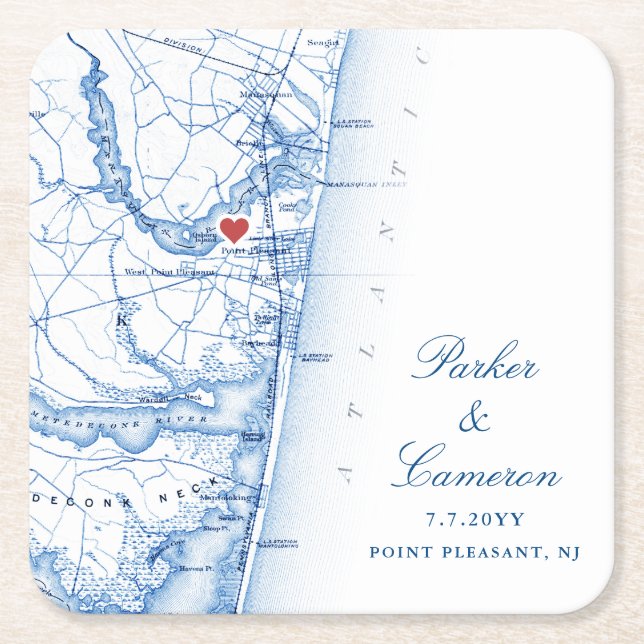 Point Pleasant NJ Map Wedding Favour Navy Blue Square Paper Coaster (Front)