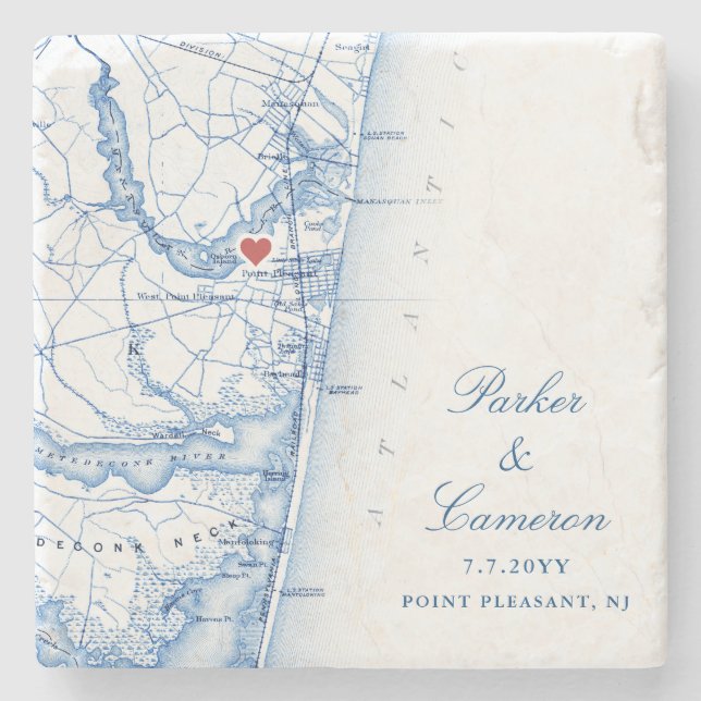Point Pleasant NJ Map Wedding Favour Navy Blue Stone Coaster (Front)