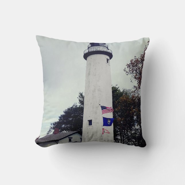 Pointe Aux Barques lighthouse photo created into a Cushion (Front)