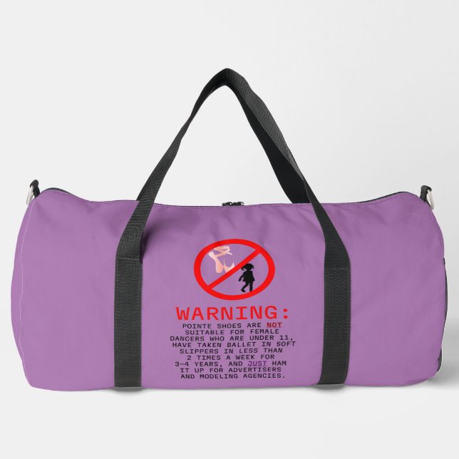 Pointe Shoes Warning Lavender Duffle Bag (Front)