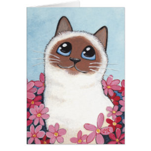 Pointed Birman Cat & Flowers - Cat Art Blank Card