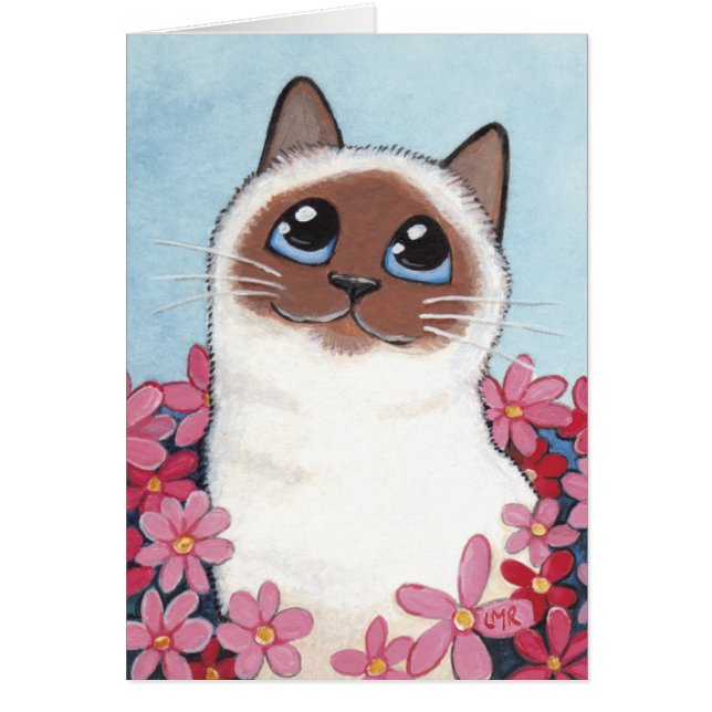 Pointed Birman Cat & Flowers - Cat Art Blank Card (Front)