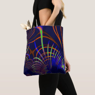 Pointed curves from lime green to coral and blue tote bag