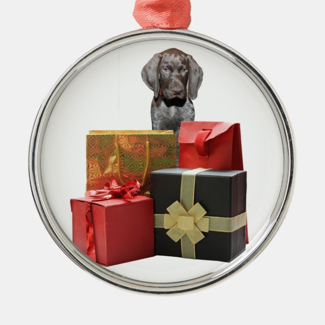 Pointer Puppy Christmas Gifts Metal Tree Decoration (Front)