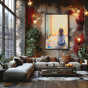 Pointillism Child Painting in Sunlit Room Poster