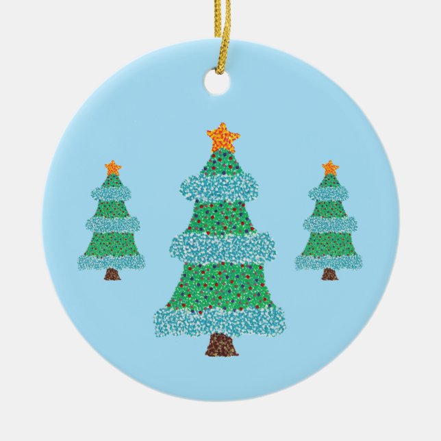 Pointillism Christmas Trees on Blue, Ornaments (Front)