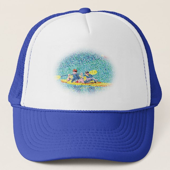 Pointillism kayak painting, faded oval frame, hat (Front)