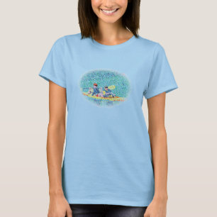Pointillism kayak scene, faded oval frame, t-shirt