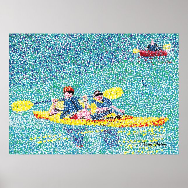 Pointillism kayak scene, on a river Posters (Front)