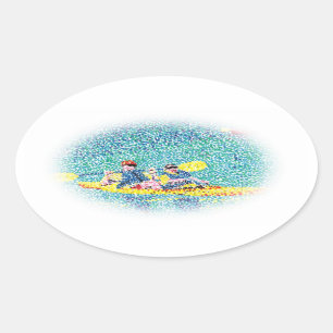Pointillism Kayak Scene Painting, oval stickers