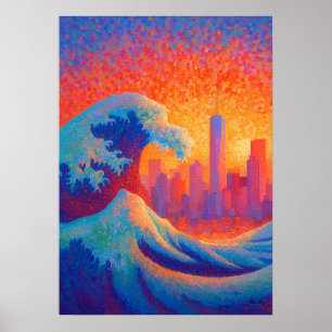 Pointillism Ocean Wave New York Skyline Poster
