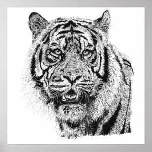 Pointillism Tiger Head Black & White Wildlife Art Poster