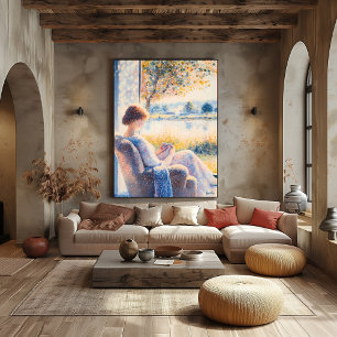 Pointillism Woman by Window with Sunlit View Poster