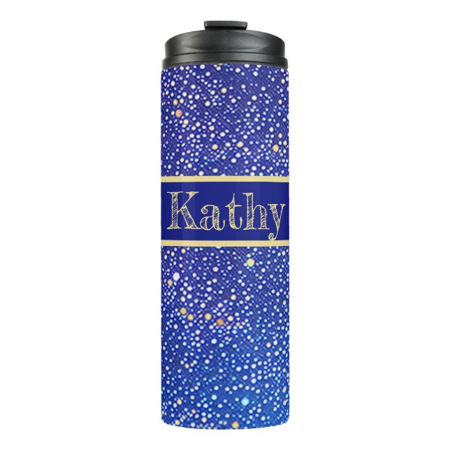 Points pattern jeans blue, white and yellow thermal tumbler (Front)
