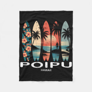 Poipu Beach Hawaii Surfboard Surfing Retro Fleece Blanket