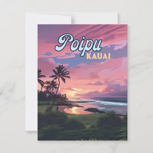 Poipu Kauai Hawaii Beach Palm Trees Retro Card (Front)