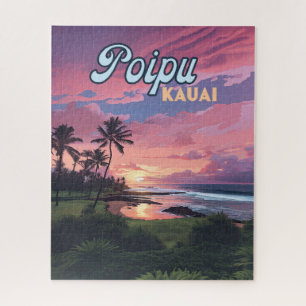 Poipu Kauai Hawaii Beach Palm Trees Retro Jigsaw Puzzle