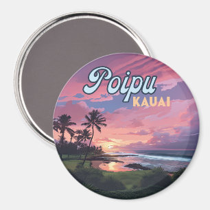 Poipu Kauai Hawaii Beach Palm Trees Retro Magnet