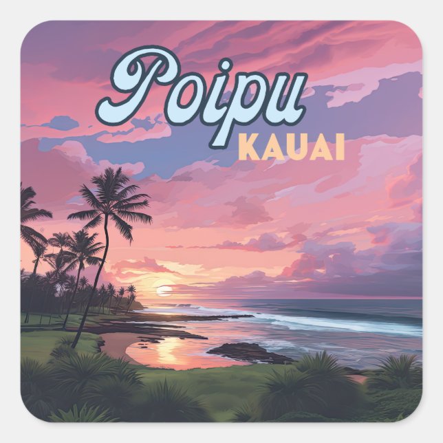Poipu Kauai Hawaii Beach Palm Trees Retro Square Sticker (Front)