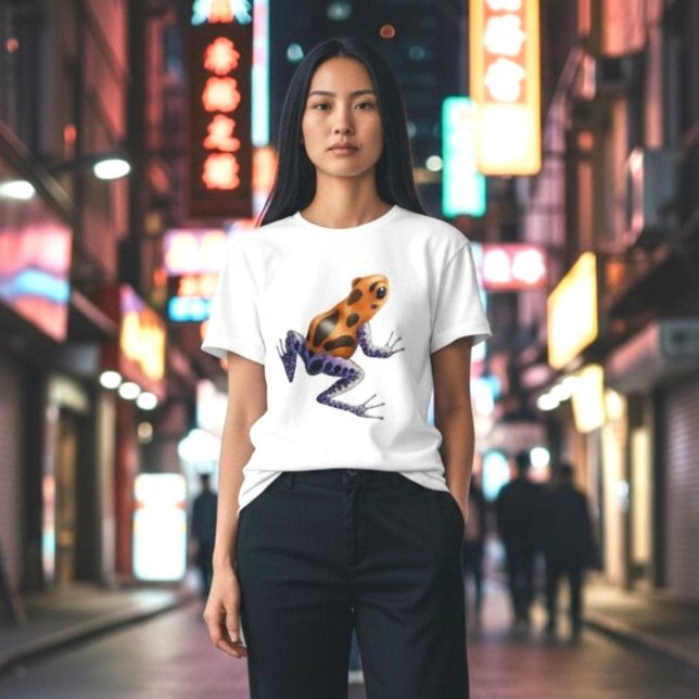 Poison Dart Frog T-Shirt (A vibrant orange and blue poison dart frog on a classic white tee, on a woman in the city at night.)