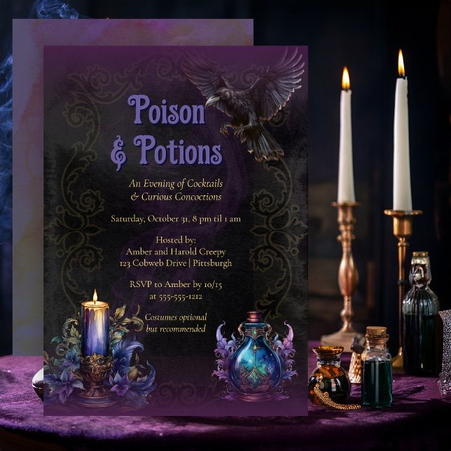 Poison & Potions Halloween Cocktail Party Invitation (Elegant Poison & Potions Halloween cocktail party invitation with vintage apothecary artwork)