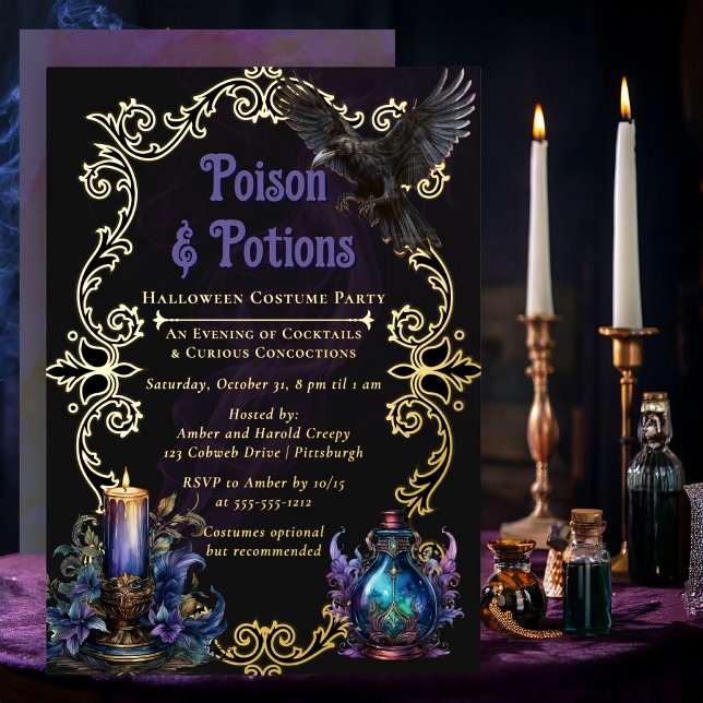 Poison & Potions Halloween Costume Party (Elegant Poison & Potions Halloween costume party foil invitation)