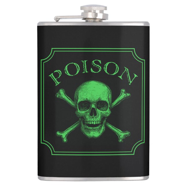 Poison Skull and Crossbones Halloween Design Print Hip Flask (Front)