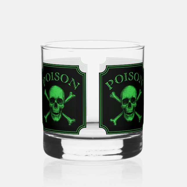 Poison Skull and Crossbones Halloween Design Print Whiskey Glass (Back)