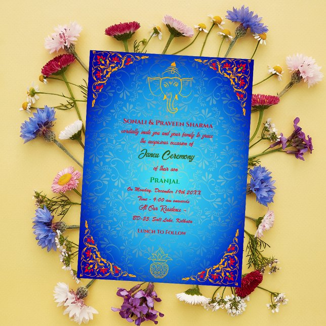 Poite Janeu Upanayanam Hindu Holy Thread Blue Gold Invitation (Creator Uploaded)