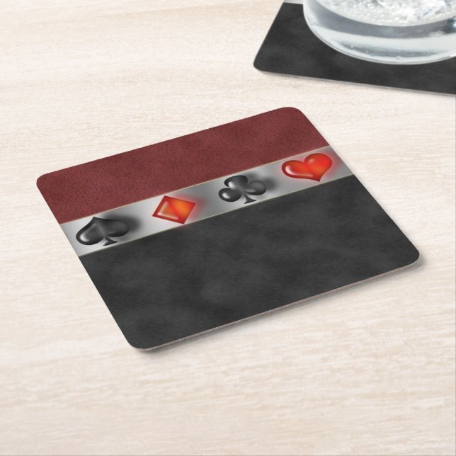 Poker 4 Card Suite Black Burgundy Square Paper Coaster (Angled)
