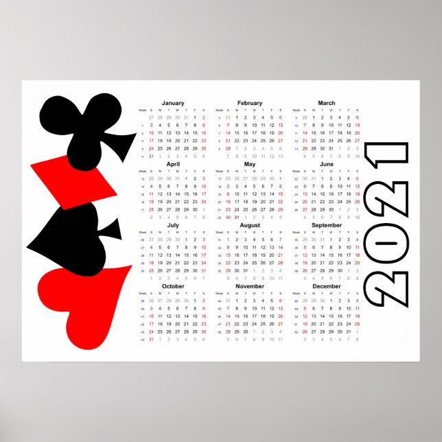 Poker Calendar 2021 Poster - Sunday start (Front)